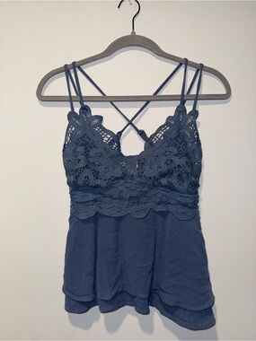 Listicle Slate Blue Crochet Tank with Cross-Back Straps